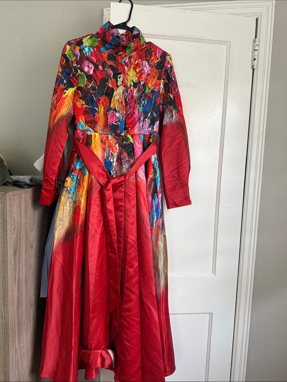 Girls' Red Multicolor Long Sleeve Dress with Artistic Print